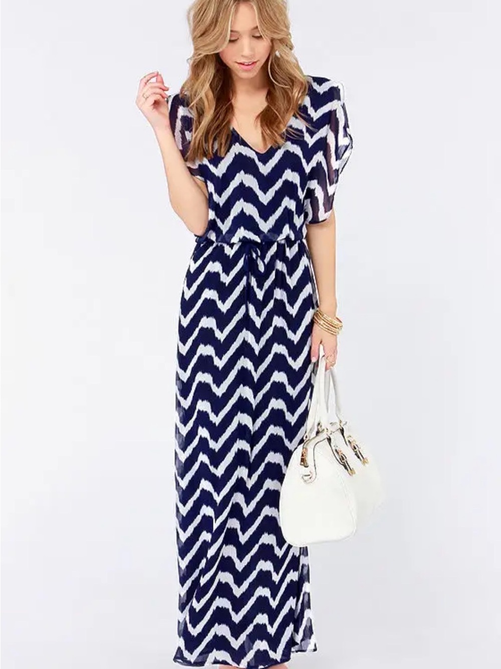 Navy Chevron V-Neck Maxi Dress with Tie Waist size small